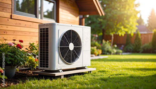 White Air Conditioner Unit on Green Lawn Near Wooden House