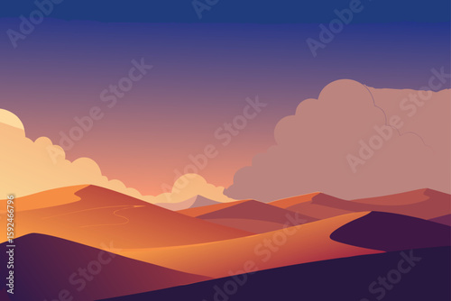 Vibrant desert dunes under a sunset sky with wispy clouds