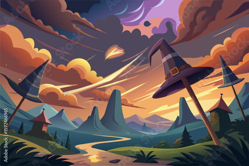 Witch Hats and Broomsticks Flying in Stormy Sky vector illustration