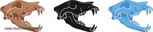 Three stylized animal skulls showcase anatomical details in brown, black, and blue hues, offering a unique perspective on skeletal structures and artistic interpretations of wildlife remains.