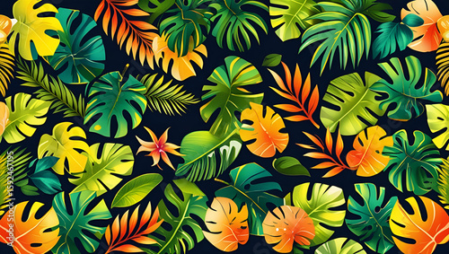 Tropical Jungle Leaves and Exotic Flowers Border Design with Vibrant Yellow, Orange, and Green Tones