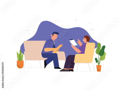 A man sits in a comfortable chair discussing his past traumas and how they have affected his emotional wellbeing vector illustration