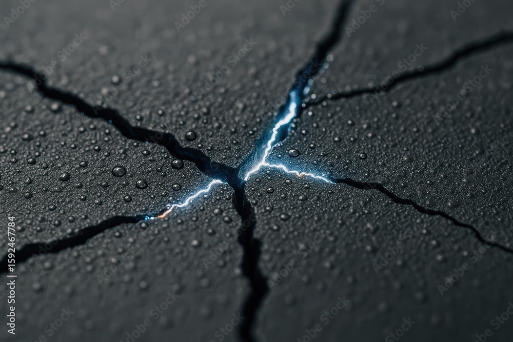 Obraz premium Close Up of Cracked Surface with Water Droplets and Electric Blue Lightning Effect