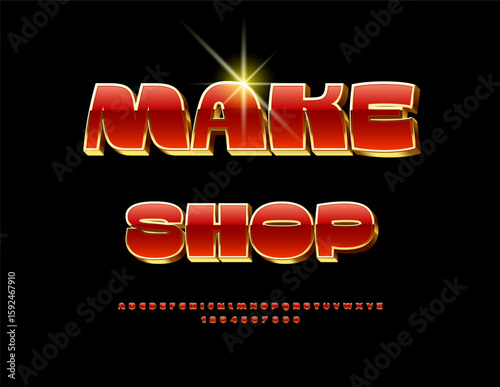 Vector Chic signboard Make Shop. Stylish Red and Gold Font. Awesome 3D Alphabet Letters and Numbers set
