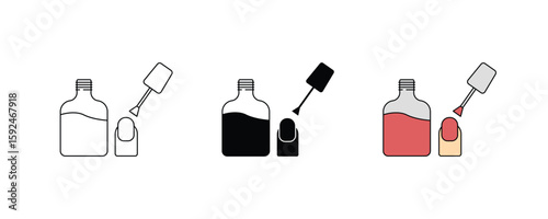 Finger with nail and nail polish bottle icon illustration isolated vector. Silhouette of nail polish bottle with applicator brush resting beside it.