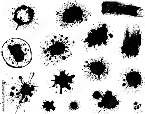 Collection of black ink splatters and brush strokes on white background splash paint