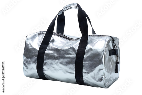 Silver metallic duffel bag.