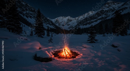 Inviting Campfire Glow in a Snowy Mountain Valley under Starry Skies
