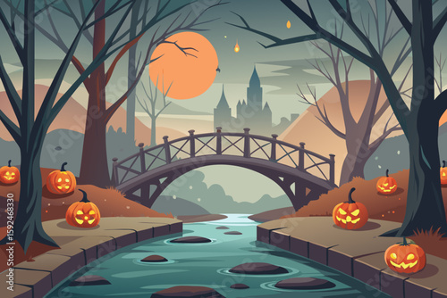 Old Bridge Over Foggy River with Jack o' Lanterns vector illustration