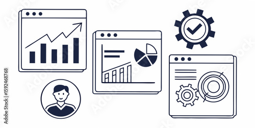 Business Growth Strategy:  Modern Line Art Illustration Showing Data Analysis, Progress, and Optimization for Success.