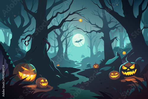 Spooky Haunted Forest with Glowing Pumpkins and Mist vector illustration
