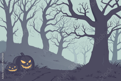 Misty Haunted Forest with Glowing Pumpkins vector illustration