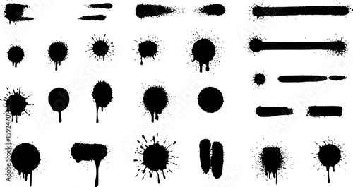 Collection of black ink splatters drips and brush strokes on white background vector