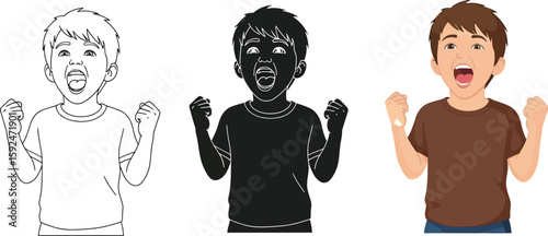 Illustration showcases a cheering boy in three styles line art, silhouette, and colored version, expressing joy and excitement with raised fists, ideal for educational or motivational content.