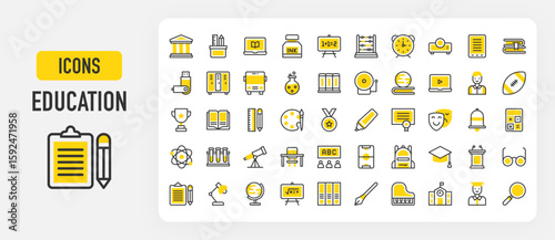 Education icons. Loupe, School, Trophy, Tutorial, Telescope, Chemical, Museum , School Bus, Degree, Mortarboard, Laptop, Student, Maths, Podium, Physics vector stroke illustration.	
