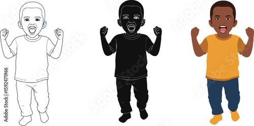 Illustration showcasing a joyful African boy with raised fists, presented in line art, silhouette, and full color, capturing childhood excitement and positive emotions in a versatile design.