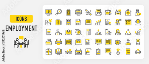 Employment icons. Puzzle, Best Employee, Task List, Shift, Document, Portal, Startup, Questionnaire, Goal, Worker, Hierarchy, Stopwatch, Selective, Job Offer vector stroke illustration.	
