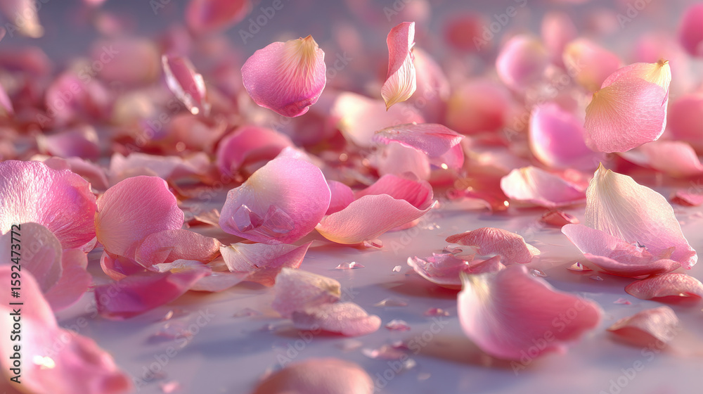 Fototapeta premium Falling pink rose petals scattered across light surface image