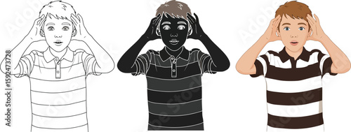 Three cartoon illustrations show a boy with a surprised expression, hands on his head, in line art, silhouette, and color, showcasing different artistic styles.