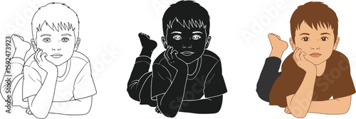 Three versions of a young boy lying down are showcased, one in outline, one in silhouette, and one in color, perfect for educational resources or creative projects.