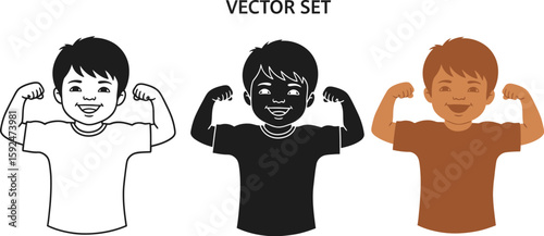Illustration showcases a vector set of a smiling boy flexing his biceps, presented in three distinct styles outline, solid black, and a brown shaded version, conveying strength.