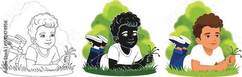 Three versions of a cartoon boy lying in grass, one in black and white outline, one in silhouette, and one in color, all holding a small bunch of flowers.