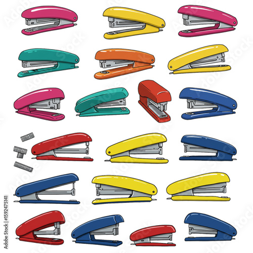 Colorful staplers arrangement design presents a vibrant pattern suitable for office supplies or stationery brands, ideal for creative presentations.