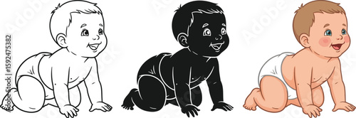 Three adorable cartoon babies crawl happily, showcased in line art, silhouette, and full color, perfect for illustrating early childhood development and baby care products.
