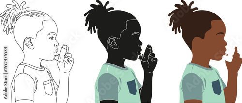 Illustration showcases a young African American child using an inhaler, depicted in three styles line art, silhouette, and full color, highlighting respiratory health and medical awareness.