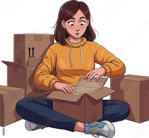Young woman opening cardboard box sitting on floor surrounded by packed boxes in casual outfit vector illustration
