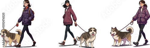 Women walking dogs in winter coats with leashes outdoor lifestyle activity vector illustration