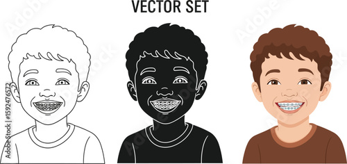 A vector set showcases a smiling boy with braces in three styles outline, silhouette, and full color, perfect for dental health campaigns and educational materials about orthodontics.