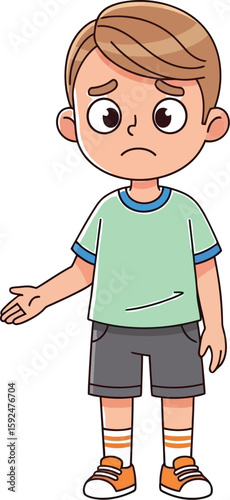 Cartoon illustration of a sad boy with blond hair, wearing a green shirt and gray shorts, expressing a gesture of confusion or helplessness, perfect for educational or emotional content.