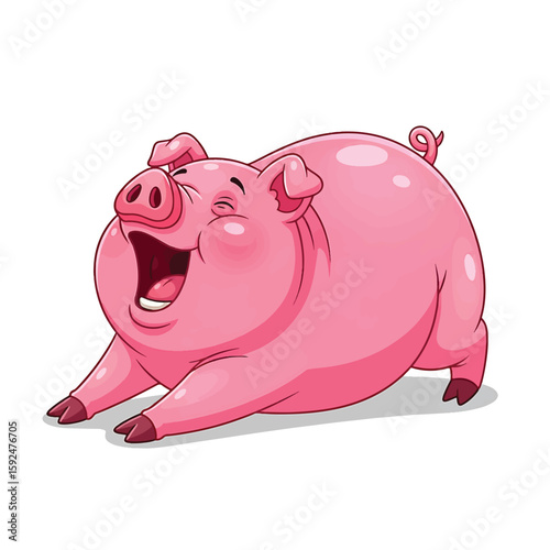 A cheerful, plump pink pig stretches, its mouth open in a joyful expression.