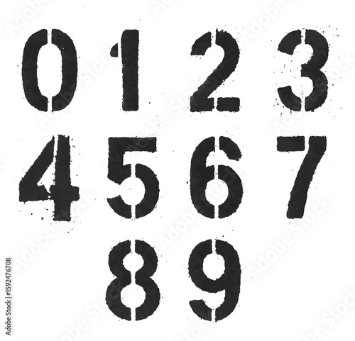 Grungy stencil numbers 0–9 in black on white background, bold military-style digits with distressed texture and paint splatter effect.