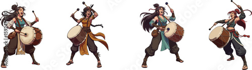 Female warrior character vector design playing traditional drum in dynamic poses with flowing hair and tribal attire for fantasy game or animation