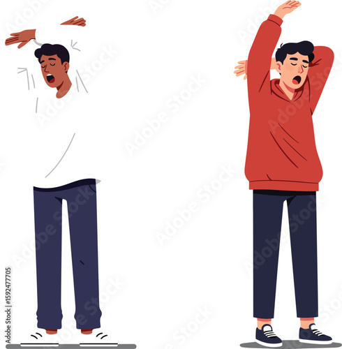 Two men yawning and stretching in casual clothes vector illustration showing tiredness and boredom in daily life