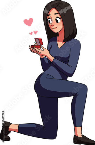 Pregnant woman proposing marriage with ring box in romantic moment vector illustration