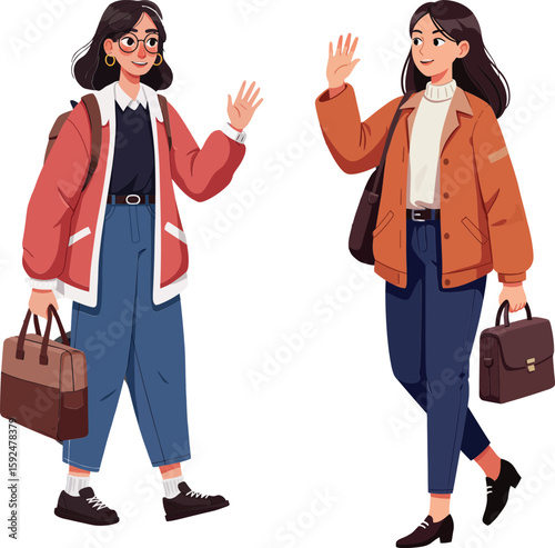 Two young women greeting each other casual style with jackets and handbags vector illustration