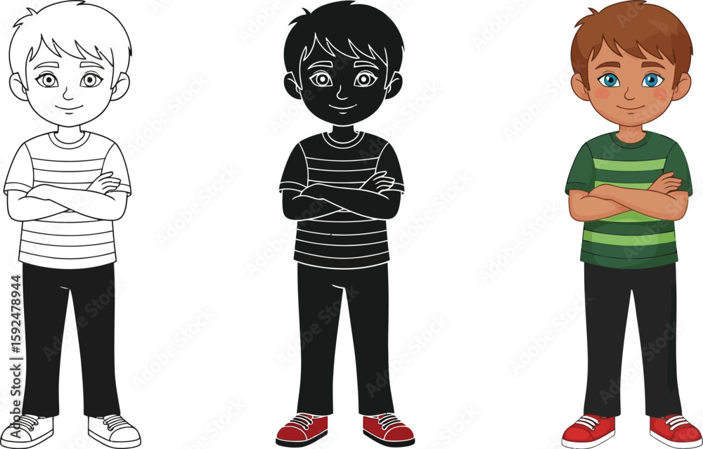 Cartoon boy standing with arms crossed showcases three different styles, including line art, silhouette, and full color, perfect for illustrations and educational resources.