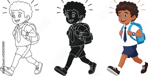 Cartoon illustration showcases a cheerful schoolboy with a backpack, presented in line art, silhouette, and full color, ideal for educational resources and children's content.