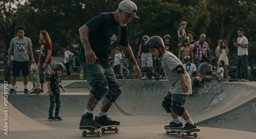 Skateboard Coach Showing Technique to Kid at Urban Skatepark