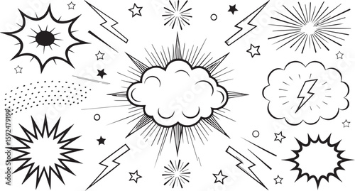 Black and white comic book explosion elements and lightning bolts boom bang vector