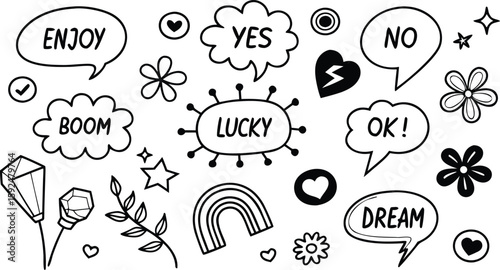 Black and white doodle elements including speech bubbles with words enjoy yes no ok dream lucky text