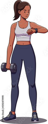 Woman exercising with dumbbell and fitness tracker checking time while standing in workout attire vector illustration
