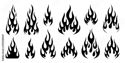 Collection of black tribal flame designs on white background fire graphic