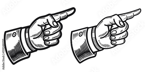 Set of vintage pointing hand vector icons. Engraving style black and white graphic illustration of an arm with finger pointing left and right for directions, labels, or signs.