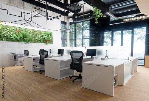 Empty modern office with green living wall and white desks. Contemporary workspace interior design for business. Biophilic concept.