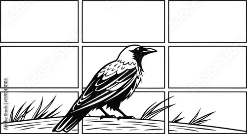 Black crow perched on a log with grass in a comic strip panel layout bird branch vector