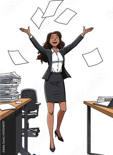 Businesswoman celebrating success in office throwing papers in the air expressing happiness and freedom after workday